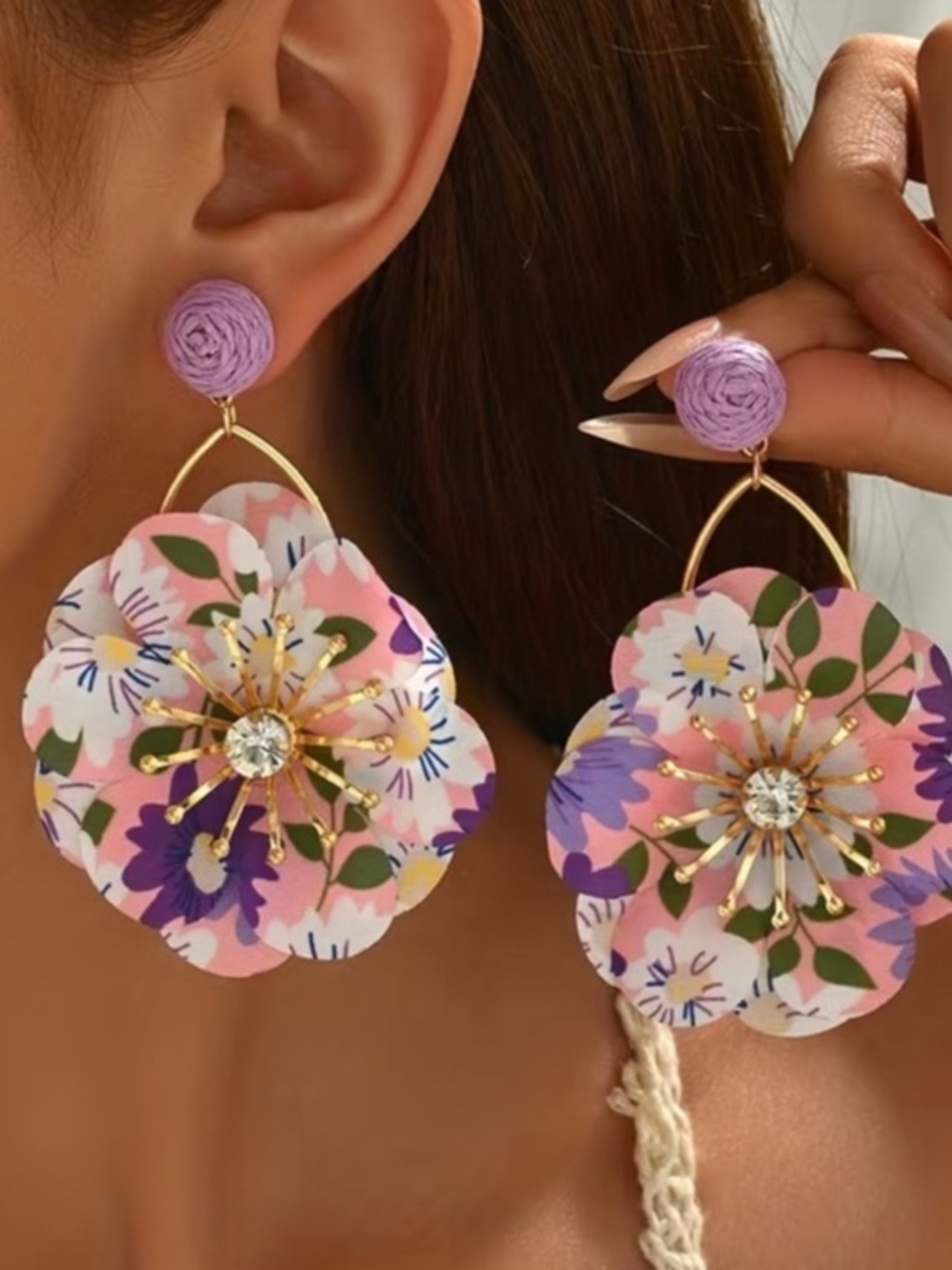 Floral Statement Drop Earrings - Purple & Pink